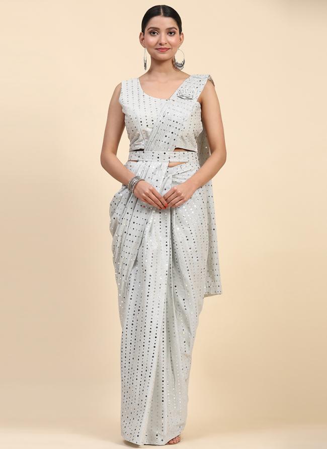 Imported Cream Party Wear Mirror Work Readymade Saree